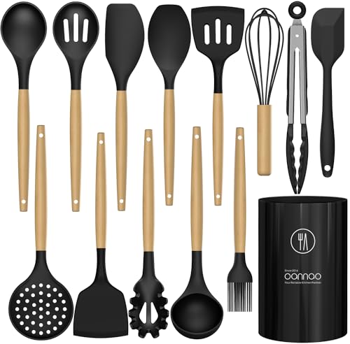 Silicone Cooking Utensils Set Utensil Sets - 446°F Heat Resistant Silicone Kitchen Utensils Set Wooden Handles, Silicone Utensils for Cooking w Holder for Non-Stick Cookware BPA FREE (Black)