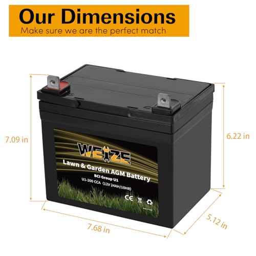 Weize Lawn & Garden AGM Battery, 12V 200CCA BCI Group U1 SLA Starting Battery for Lawn, Tractors and Mowers, Compatible with John Deere, Toro, Cub Cadet, and Craftsman