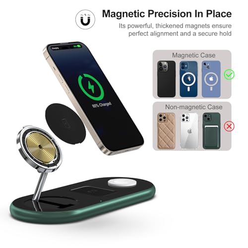 3 in 1 Charging Station for Apple Devices, Faster Mag-Safe Charger Stand, Magnetic Wireless Charger Station for iPhone 15 14 13 12 Pro Max Plus, Apple Watch iwacth & AirPods, (Alpine Green)