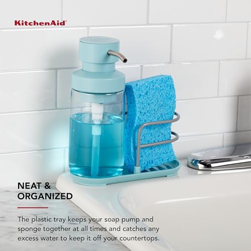 KitchenAid Refillable Soap Pump and Sponge Caddy with Rust Resistant Wire and Open Air Wire for Quick Drying, 12 Ounce, Mineral Water