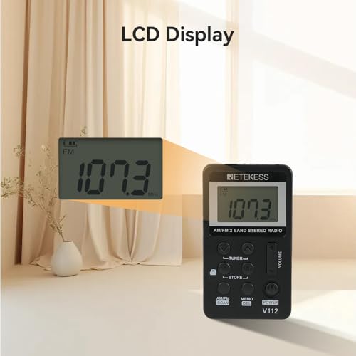 Retekess V112 AM FM Pocket Radio, Digital Radio with Earphone, Rechargeable Battery Radio with LCD Display for Walking, Jogging, Training(Black)