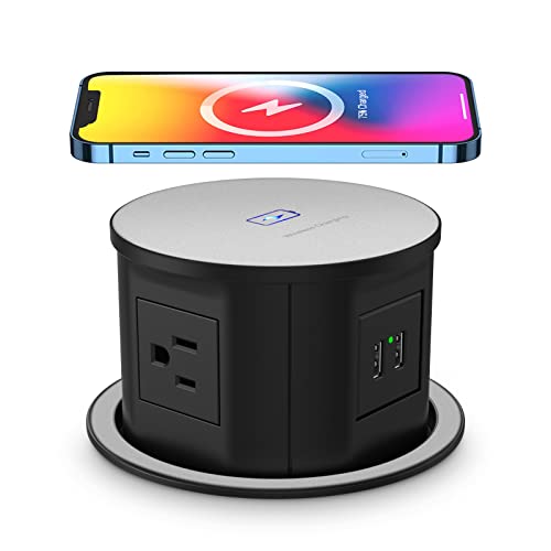 Automatic Pop up Power Outlet with 15W Wireless Charger,Pop up Electrical Outlets for Countertops,4.7'' Diameter Round Pop Up Counter Outlet with 4 Outlets,2 USB,Hidden Outlet,Pop Out Outlet Black