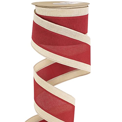 MEEDEE Red And White Striped Ribbon Red And White Wired Ribbon 2.5 Inch Red Fabric Ribbon With Ivory Stripe Edge Red Stripes Wired Ribbon For Wreath Christmas Tree Garland Topper Bow Making (10 Yards)