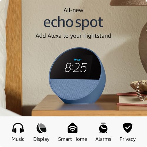 Amazon Echo Spot (2024 release), Smart alarm clock with vibrant sound + Alexa, Ocean Blue