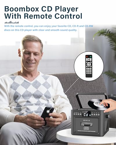 Boombox Cassette CD Player Bluetooth5.1 with 5000mAh Battery,5W Dual Stereo Speakers,Rechargeable CD Player with FM Radio,Remote Control,Tape Recording,3.5mm Earphone Jack,AUX/Micro SD/USB for Home