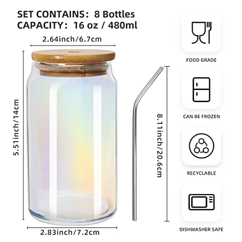 Ruckae Drinking Glasses with Bamboo Lids and Straw, 16oz 8 Pack Glass Cups,Glass Tumbler with Straw and Lid,Smoothie Cup,Iced Coffee Cup for Beer,Soda,Iced Coffee, Smoothies,Cocktail,Whiskey