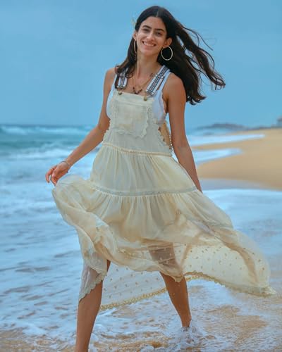 Gacaky Summer Dress for Women Casual Floral Embroidered Bohemian Dress Adjustable Straps Bib Maxi Flowy Dress with Pockets Yellow L