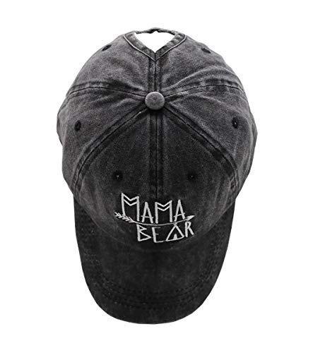 MANMESH HATT Mama Bear Ponytail Hat Vintage Washed Distressed Baseball Dad Cap for Women Black