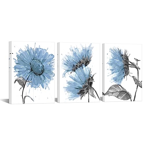 LevvArts Watercolor Abstract Flower Canvas Wall Art Wild Sunflower Painting Picture Prints White and Blue Bathroom Decorations (Blue, Small)