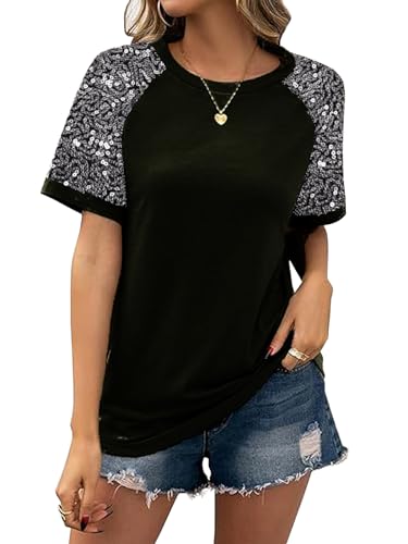 Women Sequined Splicing Short Sleeve T-Shirt Fashion Sparkle Sequin Party Tops Glitter Summer Beach Vacation Tee Shirt(Black,S)