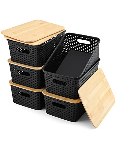 NEATJELAI Storage Bins With Lids 6 Packs Plastic Storage Containers With Bamboo Lids Stackable Storage Baskets for Organizing Desktop Closet Playroom Classroom Office, Black