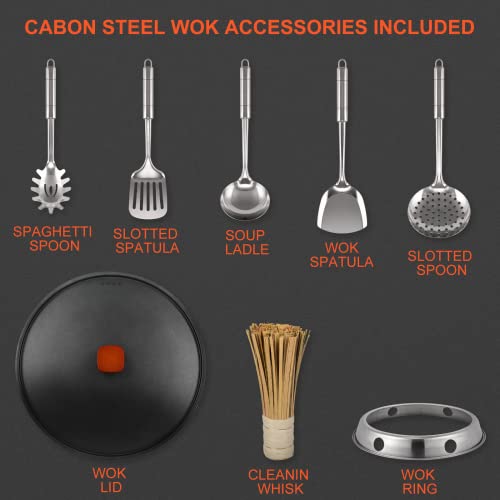 Wok Pan with Lid - 13" Nonstick Wok, Carbon Steel Woks & Stir-Fry Pans with Cookwares, Flat Bottom Chinese wok for Electric, Induction and Gas Stoves