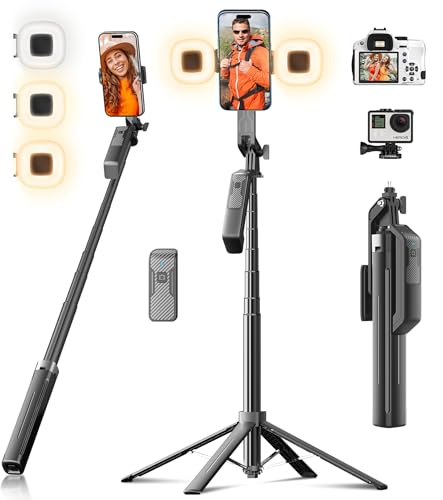 Funxee Selfie Stick Phone Tripod - 71 inch Tall Cell Phone Holder with Detachable Wireless Remote and 2 LED Lights for Recording, Video and Picture, Phone Stand for iPhone, Android, Camera & Gopro