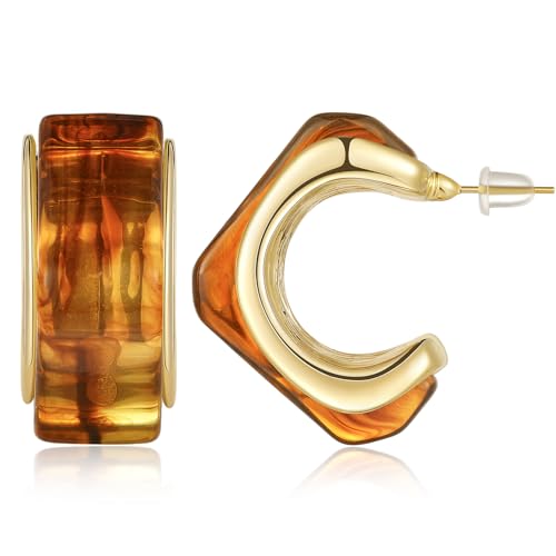 KissYan Acrylic Drop Earrings for Women, 14K Gold Plated Resin Chunky Hoop Earrings, Lightweight Hollow Open Hoops Geometric Square Translucent Hypoallergenic Vintage Fashion Jewelry Gifts (Amber)