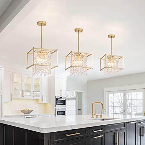 Ejerlya Gold Crystal Chandelier Industrial Pendant Light 11.81 inch Square 4 Lights Modern Vintage Semi Flush Mount Ceiling Light Fixture for Kitchen Island Dining Room Living Room Bedroom