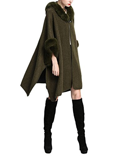 Gihuo Women's Luxury Batwing Sleeve Faux Fur Trim Hooded Cloak Poncho Winter Warm Wool Cape Cardigan Coat (One Size, Army Green)