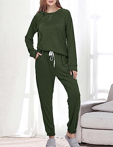 Cysincos Womens Sweatsuits 2 Piece Outfit Sweatpants Loungewear Jogger Pajama Set Long Sleeve Pullover Drawstring Pants Dark Green M