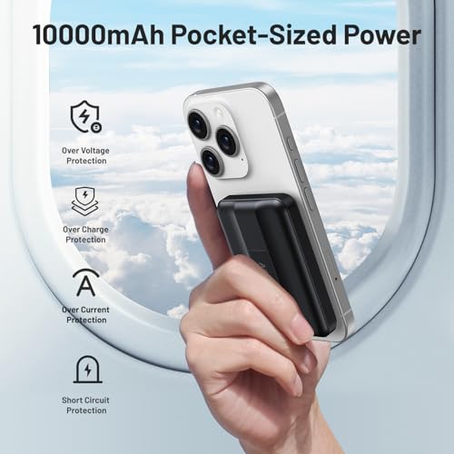 AOGUERBE for Magsafe Battery Pack, 10000mAh Magnetic Power Bank 15W Wireless Portable Charger, LED Display & Foldable Stand & Lighting Input, Slim Magnetic Charger for iPhone 16/15/14/13/12 Series