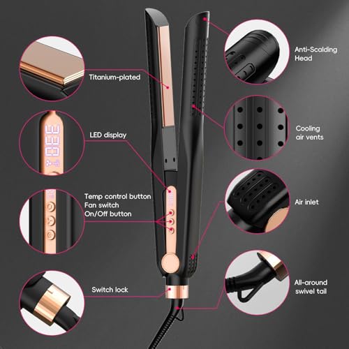 SKIMI Airflow Styler, Titanium Flat Iron Hair Straightener, Professional Airflow Styler Curling Iron with Cooling Air Vents to Lock in Style, 5 Temps & Dual Voltage, Auto Off(Black & Champagne Gold).
