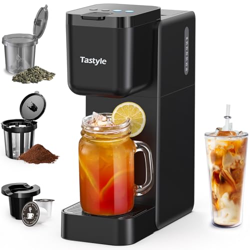 Tastyle Coffee and Tea Maker, 3 in 1 Single Serve Brewer for K Cup, Grounds & Tea, Hot and Iced Coffee Maker with 4 Brew Styles and 16oz Water Reservoir, Fits 7.3'' Travel Mugs, Black