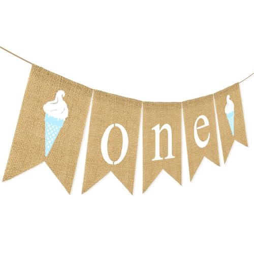 Sweet One Banner, Ice Cream First Birthday Banner,Baby Shower Burlap Banner Decoration,1st Birthday Party Decorations (Candy Blue Ice Cream)