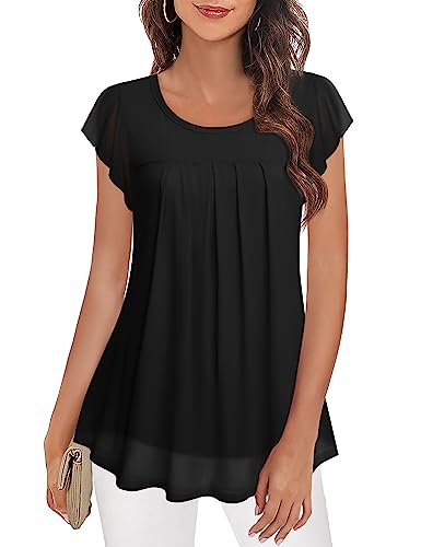 Furnex Women Tunics for Leggings,Ruffle Short Sleeve Blouse Work Summer Flowy Tunic Tops for Women Dressy Casual Floral Tunic Tops for Leggings Loose Fit Pleated Layered Blouses Spring Pink Floral XL