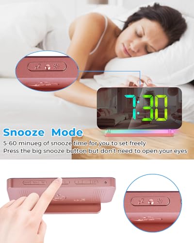 SZELAM Alarm Clock for Bedroom,7.4" Mirror Digital Clocks Large Display,with RGB Night Light, USB C Charger Port,Auto Dimming,LED Desk Clock for Kid Teen Girl Adults Room - Pink