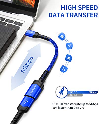 USB C to USB Adapter, JSAUX [0.5ft 2 Pack] Type C 3.0 OTG Cable On The Go Type C Male to USB A Female Adapter Compatible with MacBook Pro 2018 2017,Samsung Galaxy S20 S20+ Ultra S8 S9 Note 10 etc-Blue