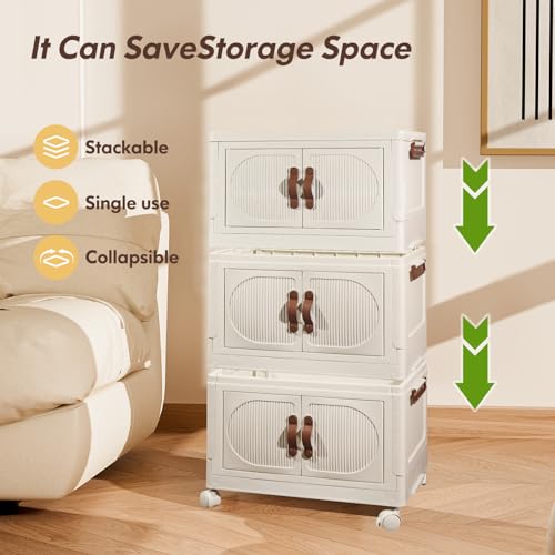 KHS Plastic Storage Bins Organizer, 4 Pack 23.3QT Stackable Storage Bins with Doors, Collapsible Storage Bins Containers for Closets Kitchen Bedroom