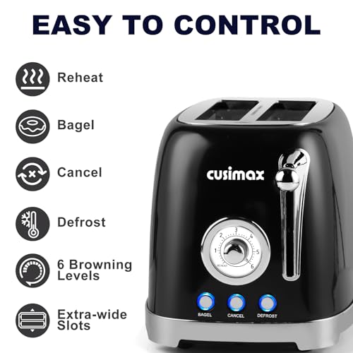 CUSIMAX Toaster 2 Slice with Extra Wide Slots for Bagels, Stainless Steel Toaster with 6 Toast Settings and 4 Functions, Bagel, Cancel, Defrost & Reheat, Removable Crumb Tray, Retro Toaster Black