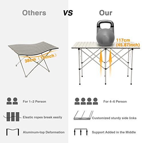 EVER ADVANCED Camping Table, Fold up Lightweight, 4-6 Person Portable Roll up Aluminum Table with Carry Bag for Outdoor, Support Up to 110LBS, Black