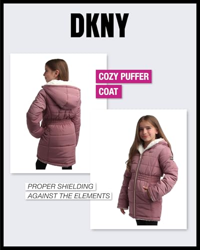 DKNY Girls’ Jacket – Reversible Heavyweight Quilted Parka Coat with Sherpa Lining – Reversible Jacket for Girls (4-16), Size 7-8, Dark Dusty Pink/Cream