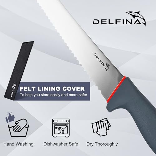 DELFINA 10 inch Bread Knife For Homemade Bread Sourdough W/Softgrip, Serrated Bread Knife Wave Edge W/Sheath For Crusty Breads, Cake, Bagel, Dishwasher Safe