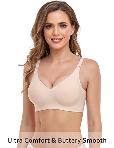 Vinfact Smooth Nursing Bras for Breastfeeding Seamless Maternity Bras for Pregnancy Wireless Bralette with Extra Bra Extender - Small, Beige