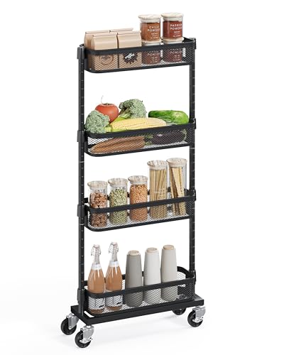 SONGMICS Slim Storage Cart, 4-Tier Metal Rolling Cart with Wheels, Flexible Baskets, Narrow Cart for Kitchen, Bathroom, Laundry Room, Easy Assembly, Black UBSC065B01