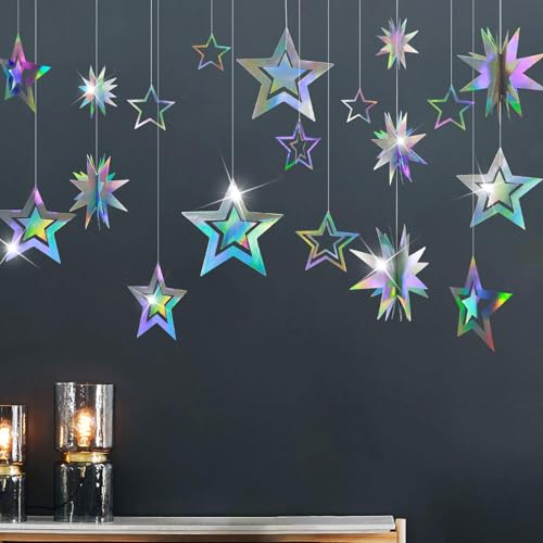 Cheerland Star Party Decoration Iridescent Party Supplies Holographic Twinkle Little Stars Garlands Hanging Euphoria Party Decorations Backdrop for Birthday Bachelorette Ramadan EID Graduation Disco