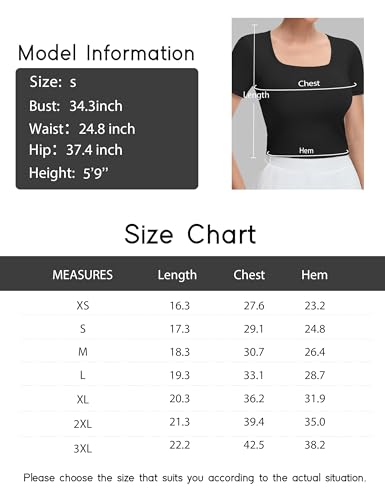 THE GYM PEOPLE Women's Workout Crop Tops Short Sleeve Ribbed Ice Silk Fabric Slim Fit Square Neck Running Shirts Black