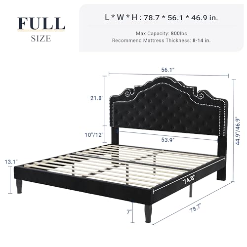 Allewie Full Size Bed Frame with Adjustable Velvet Tiara Headboard, Upholstered Diamond Button Tufted Platform Bed, Wood Slats Support, No Box Spring Needed, Black