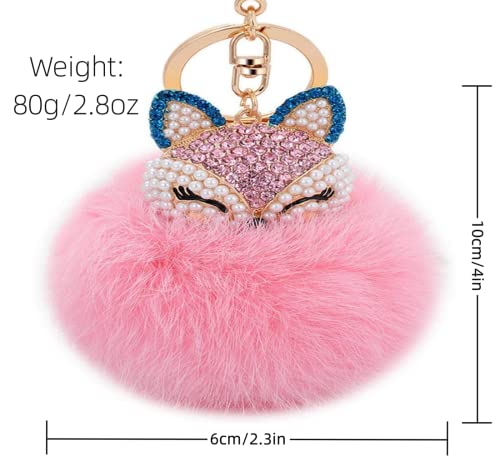 LXSSLY Blue Fox Keychain,Rabbit Fur Ball Pom Pom Crystal Keychain,Diamond Keychain,Rhinestone Car Keychains for Women Girl