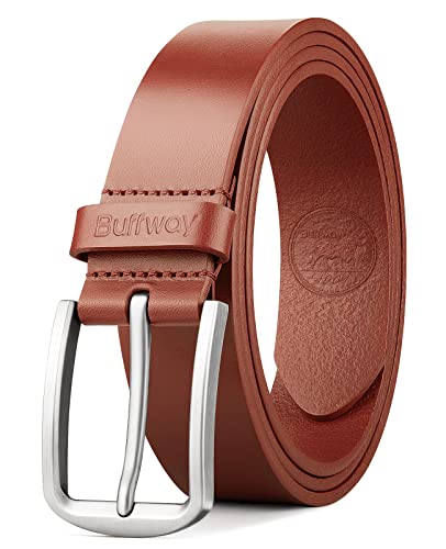 Buffway Mens Belt Full Grain Genuine Leather Belts for Men Casual Jeans or Dress with Gift Box 1 3/8”Wide Size 56” - Brown
