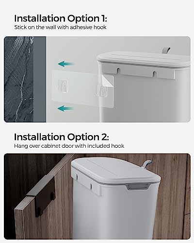 SONGMICS Hanging Trash Can, 2.4 Gallon Kitchen Compost Bin, Garbage Can for Kitchen, Kitchen Trash Can with Lid, Wall Mounted Trash Can, for Cupboard, Bathroom, Under Sink, Gray ULTB820G9