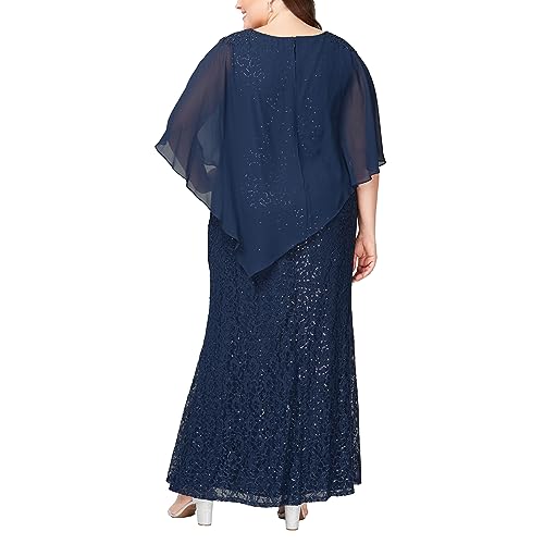 S.L. Fashions Women's Plus Size Long Length Sequin Lace Beaded Capelet Mother of The Bride Dress, Formal Evening Gown, New Navy