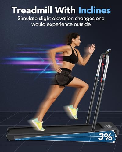 WELLFIT 3.0HP Folding Treadmills with Incline, Under Desk Walking Pad 340+LBS Weight Capacity, Treadmill for Home Office with Handle Bar, Foldable Treadmill Work with KINOMAP Apple Health No Assembly