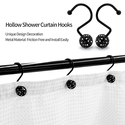 MitoVilla Black Shower Curtain Hooks Rings, Metal Shower Hooks for Shower Curtain & Liner, Hollow Ball Rust Proof Shower Rings for Curtain Accessories and Bathroom Shower Rod