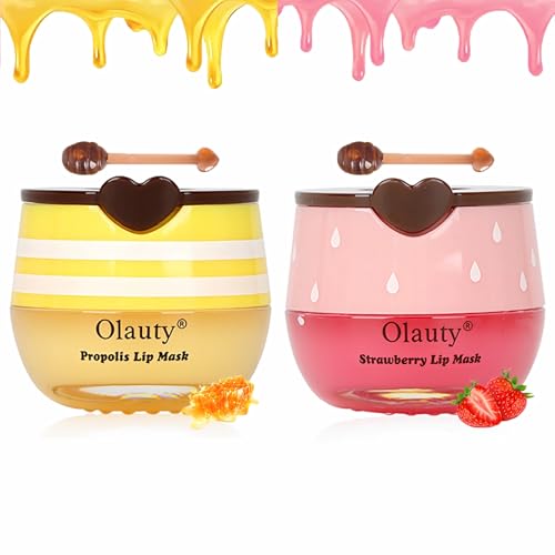 Deepmind 2 PCS Bee Lip Balm Lip Mask Honey Pot, Honey & Strawberry Lip Mask Propolis Moisturizing Lip Balm with Stick - Hydrating Prevention Dry and Cracked Lip Scrubs Exfoliato Lip Wrinkle Care