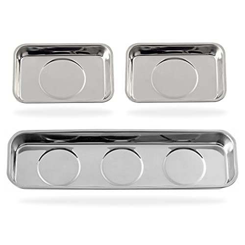 Rechabite 3 Pieces Magnetic Trays Set Stainless Steel Magnet Tool Tray Parts Holder for Screws, Sockets, Bolts, Pins, Mechanic's and Automotive