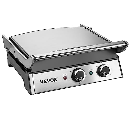 VEVOR Electric Contact Grills, 1500W Indoor Countertop Panini Press Griddle, Sandwich Maker with Non Stick,2 Reversible Iron Cooking Plates,0-446℉ Adjustable Temperature Control,Timer Function,120V