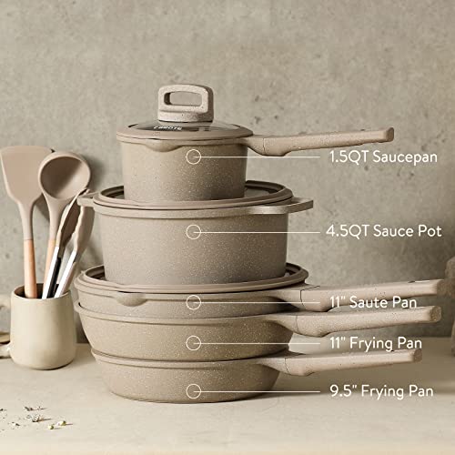 CAROTE Pots and Pans Set Non Stick, 11Pcs Nonstick Kitchen Cookware Sets, Stackable Induction Cookware, Pot and Pan Set, Pans for Cooking, Taupe Granite