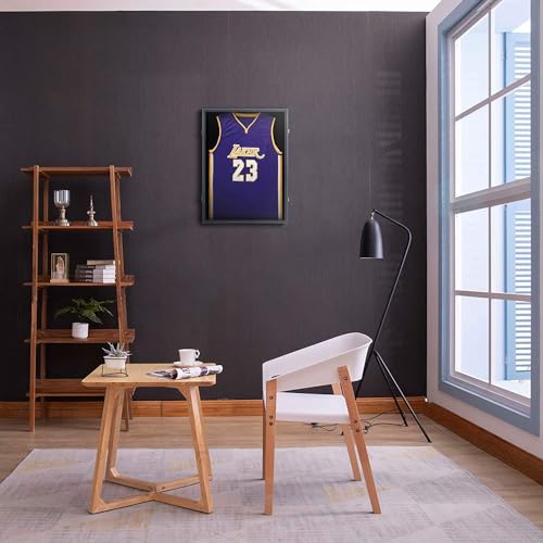Large Jersey Frame Display Case, 26x37 Lockable Shadow Box Sports Jersey Frame with 98% UV Protection Acrylic and Metal Hanger for Baseball Basketball Football Soccer Hockey XXL Shirt, Linen Black