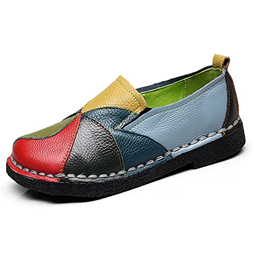 Trsorini Women Casual Loafers Shoes Comfortable Multi Color Stitching Leather Slip on Shoes for Female Soft Sole Flat Driving Walking Dress Green Size 5